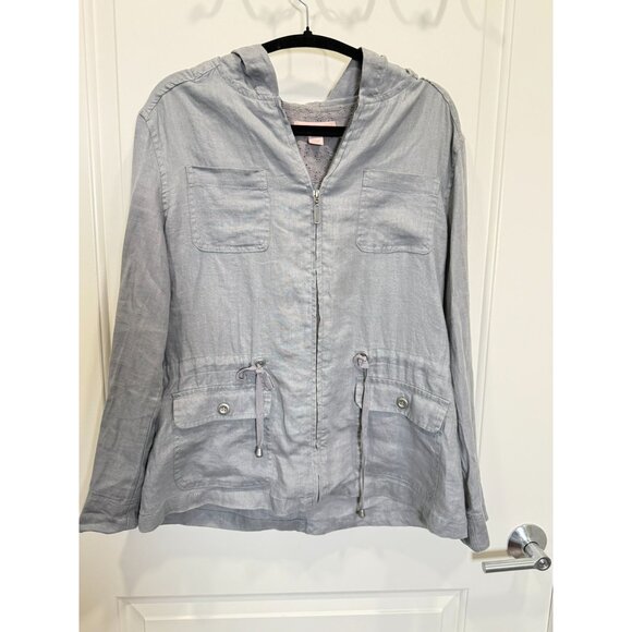 Saint Tropez West 100% Linen Light Gray Hooded Jacket‎ With Pockets & Drawstring - Picture 1 of 5